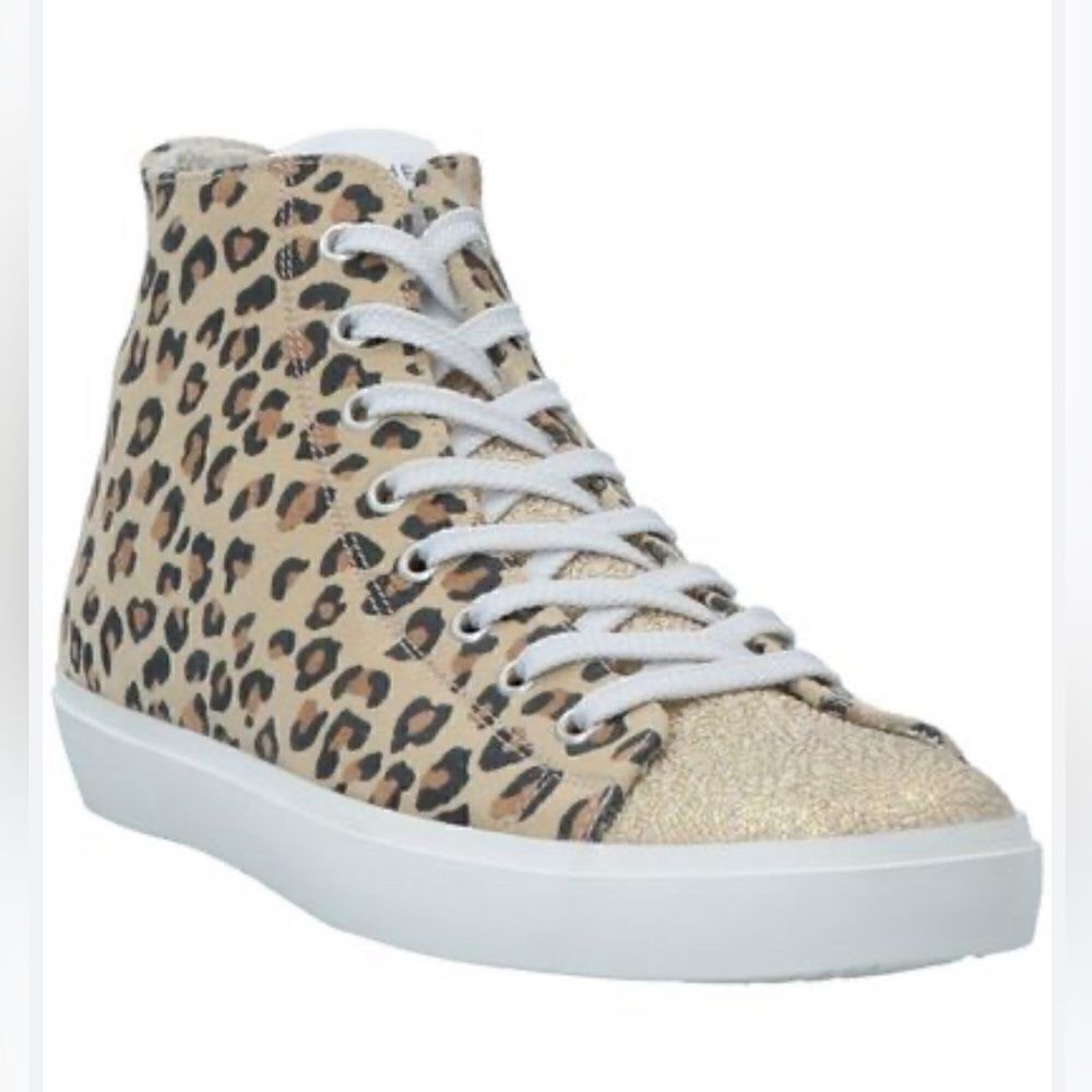 LEATHER CROWN MID TOPS in leopard print and gold metallic leather. New